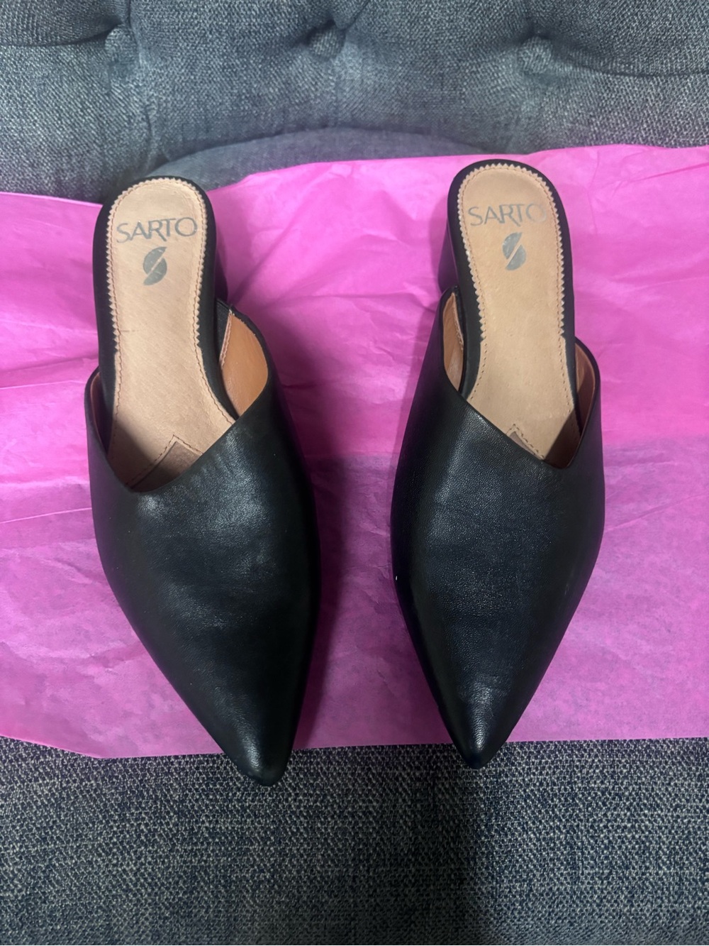 Franco Sarto Black Pointed Leather Slip-On Mules